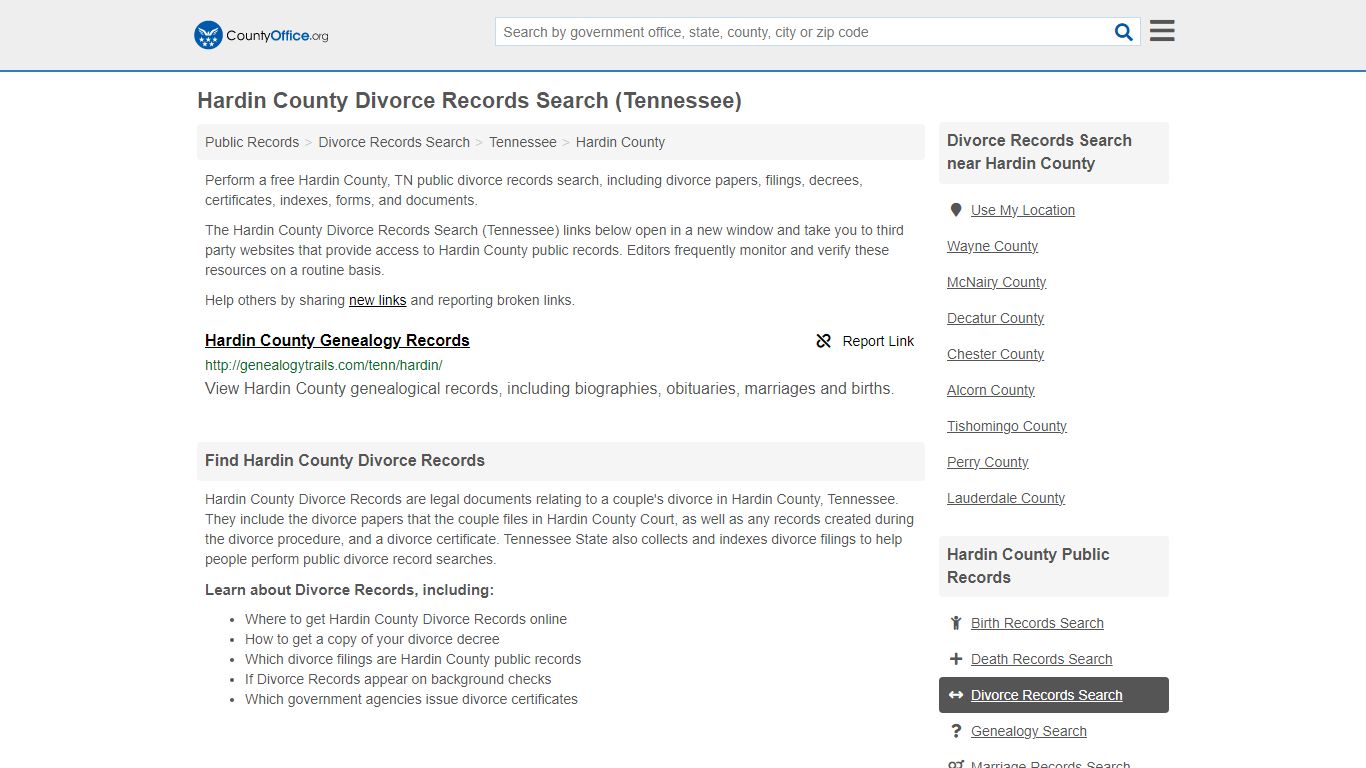 Hardin County Divorce Records Search (Tennessee) - County Office